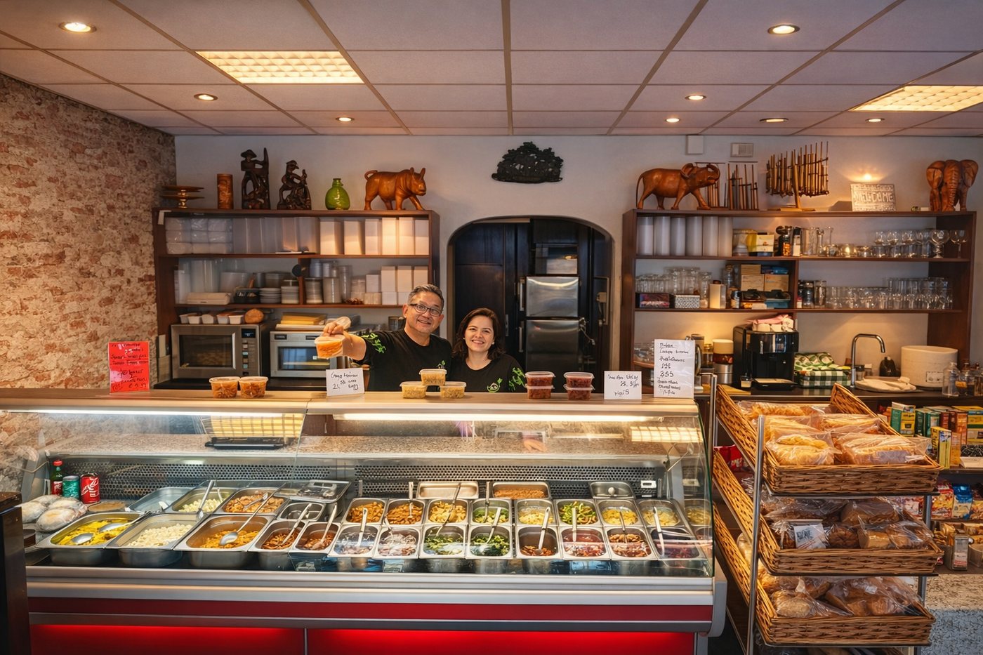 Ivan Sutedja en het team achter de verse toonbank van Toko Kampoeng Daun in Zoetermeer