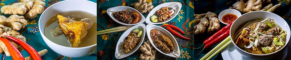 Indonesische kippensoep, saté en bakso soep naast elkaar